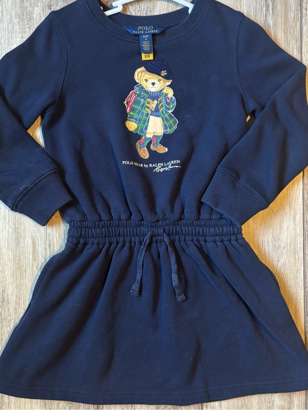 Ralph Lauren Navy Long-Sleeve Polo Bear Knit Dress with Multicolor Bear